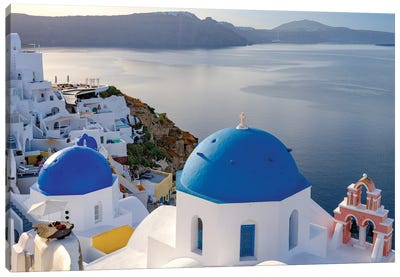Blue Domes And The Sea, Oia Santorini, Greece Canvas Art Print - Famous Places of Worship