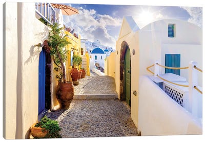 Picturesque Narrow Street In Oia, Santorini, Greece Canvas Art Print - Santorini
