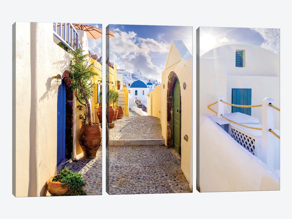 Picturesque Narrow Street In Oia, Santorini, Greece by Susanne Kremer 3-piece Canvas Print