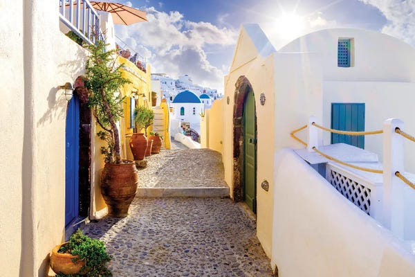 Santorini: Picturesque Narrow Street In Oia, Santorini, Greece by Susanne Kremer