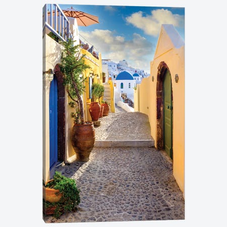 Narrow Street To The Blue Dome, Oia Santorini, Greece Canvas Print #SKR755} by Susanne Kremer Canvas Artwork