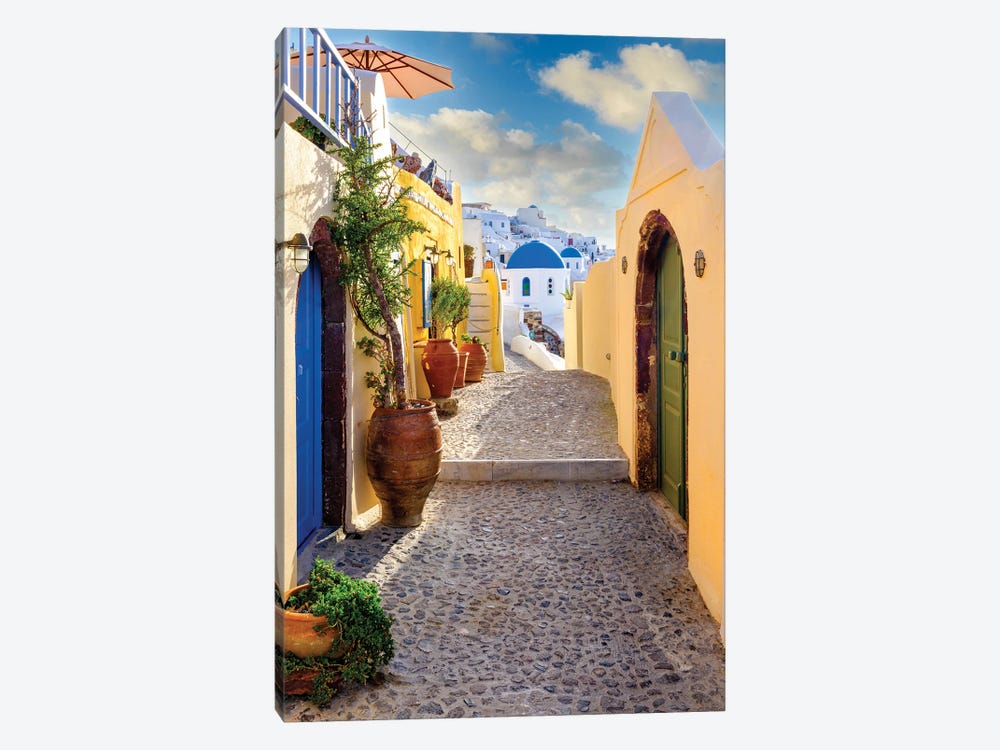 Narrow Street To The Blue Dome, Oia Santorini, Greece by Susanne Kremer 1-piece Canvas Artwork