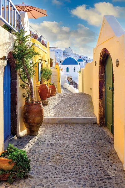Santorini: Narrow Street To The Blue Dome, Oia Santorini, Greece by Susanne Kremer