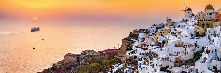 Cruiseship Sailing Into Sunset, Oia Santorini