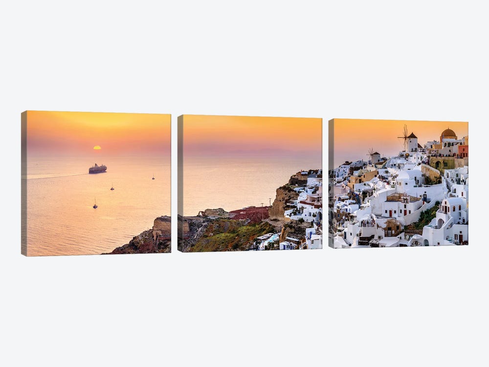 Cruiseship Sailing Into Sunset, Oia Santorini by Susanne Kremer 3-piece Canvas Wall Art