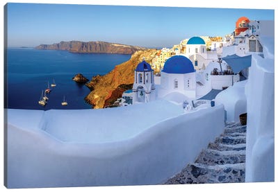 Narrow Picturesque Street To Blue Domes, Oia Santorini,Greece Canvas Art Print - Famous Places of Worship
