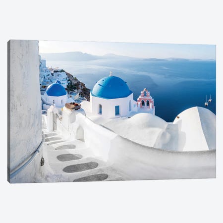 Aegean Sea And Blue Domes, Oia Santorini, Greece Canvas Print #SKR770} by Susanne Kremer Art Print
