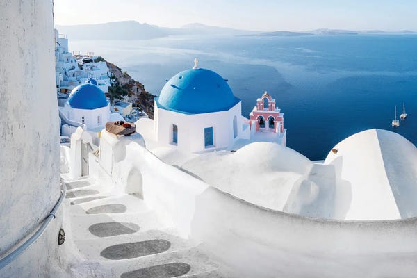 Staircases: Aegean Sea And Blue Domes, Oia Santorini, Greece by Susanne Kremer