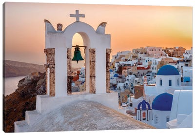 Picturesque Sunset ,Oia Santorini, Greece Canvas Art Print - Blue Domed Church Santorini