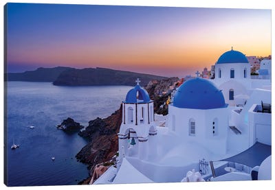 After Sunset Blue Domes Of Oia Santorini, Greece Canvas Art Print - Churches & Places of Worship