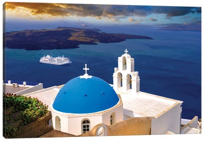 Sunset With Cruiseship, Santorini, Greece Canvas Art Print - Blue Domed Church Santorini