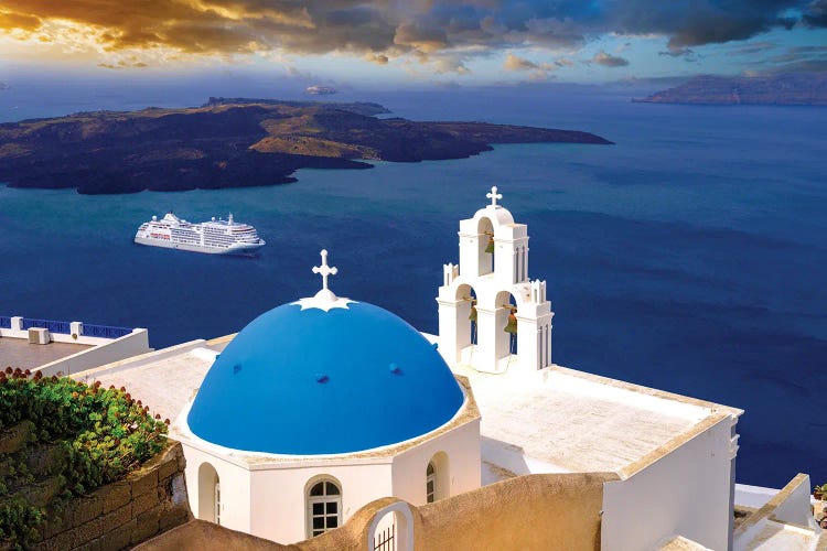 Sunset With Cruiseship, Santorini, Greece