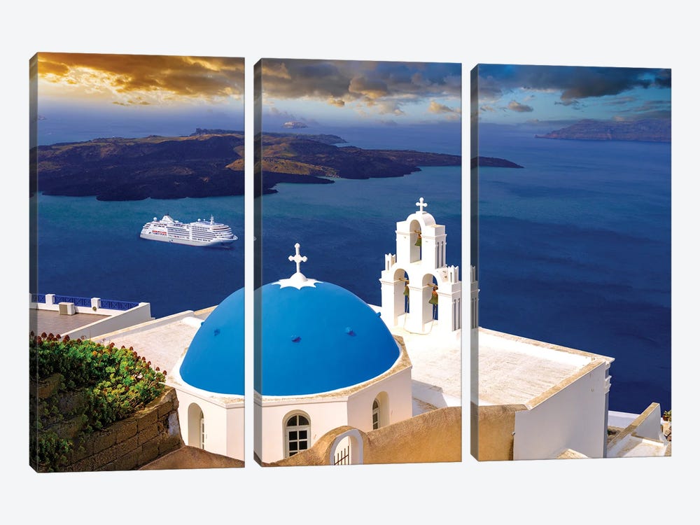 Sunset With Cruiseship, Santorini, Greece by Susanne Kremer 3-piece Canvas Art