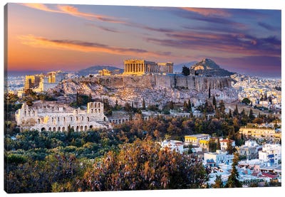 Panoramic Sunset, Acropolis, Athens, Greece Canvas Art Print - Coastal Village & Town Art