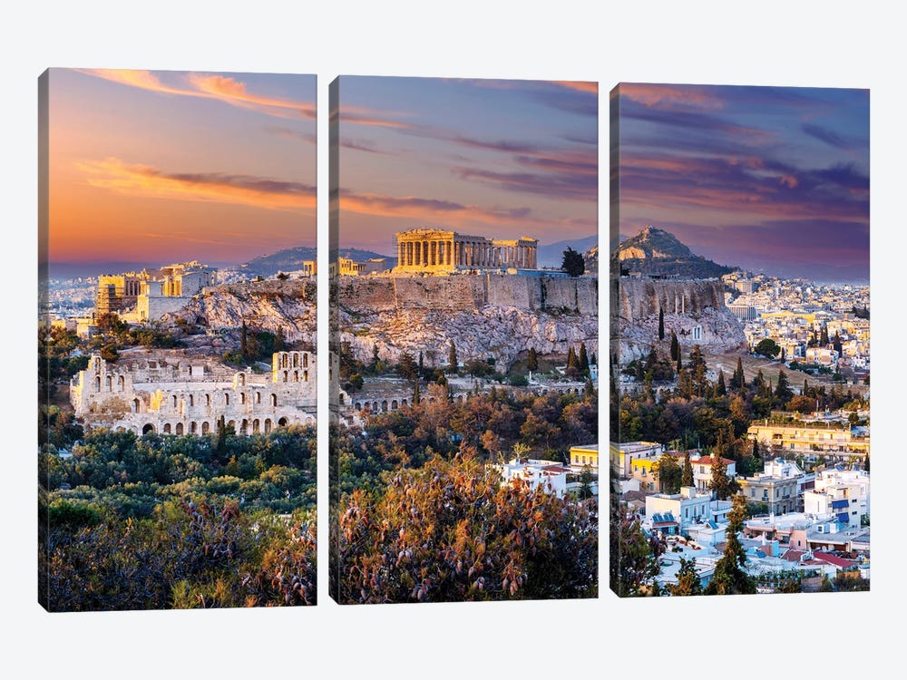 Panoramic Sunset, Acropolis, Athens, Greece by Susanne Kremer 3-piece Canvas Art Print