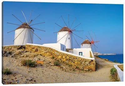 Windmills And Blue Sky, Mykonos, Greece Canvas Art Print - Greece Art