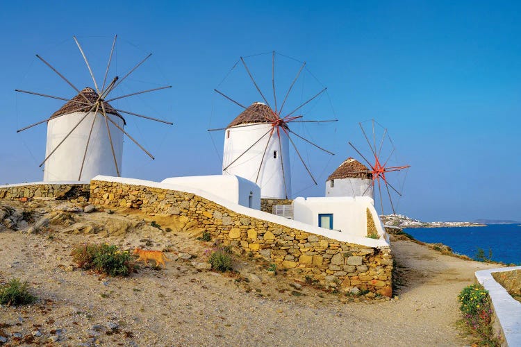 Windmills And Blue Sky, Mykonos, Greece