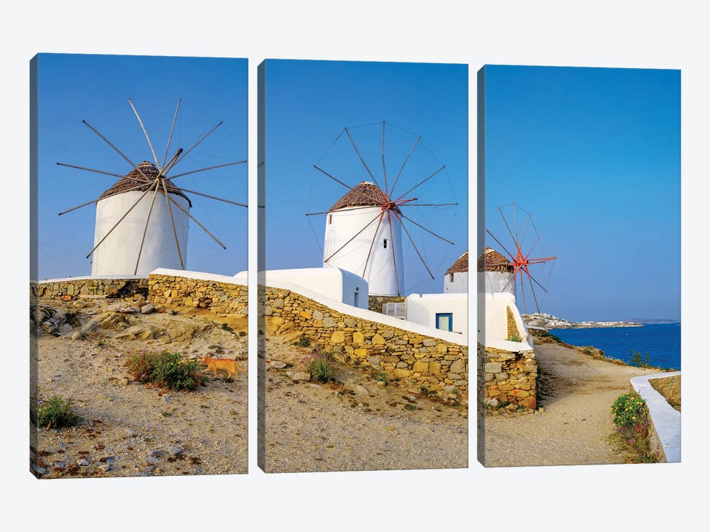 Windmills And Blue Sky, Mykonos, Greece by Susanne Kremer 3-piece Canvas Art