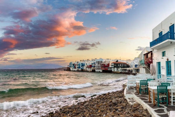 Rocky Beaches: Panoramic View Little Venice At Sunrise, Mykonos Greece by Susanne Kremer