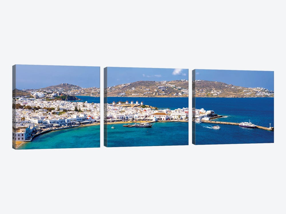 Panoramic Postcard Of Mykonos Greece by Susanne Kremer 3-piece Art Print