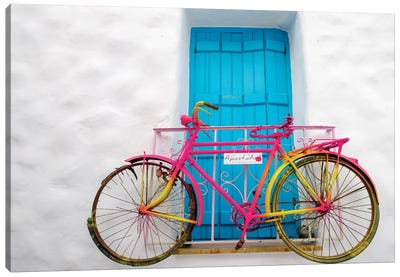 Colorful Bike On The Wall, Naxos Island, Greece Canvas Art Print - Greece Art