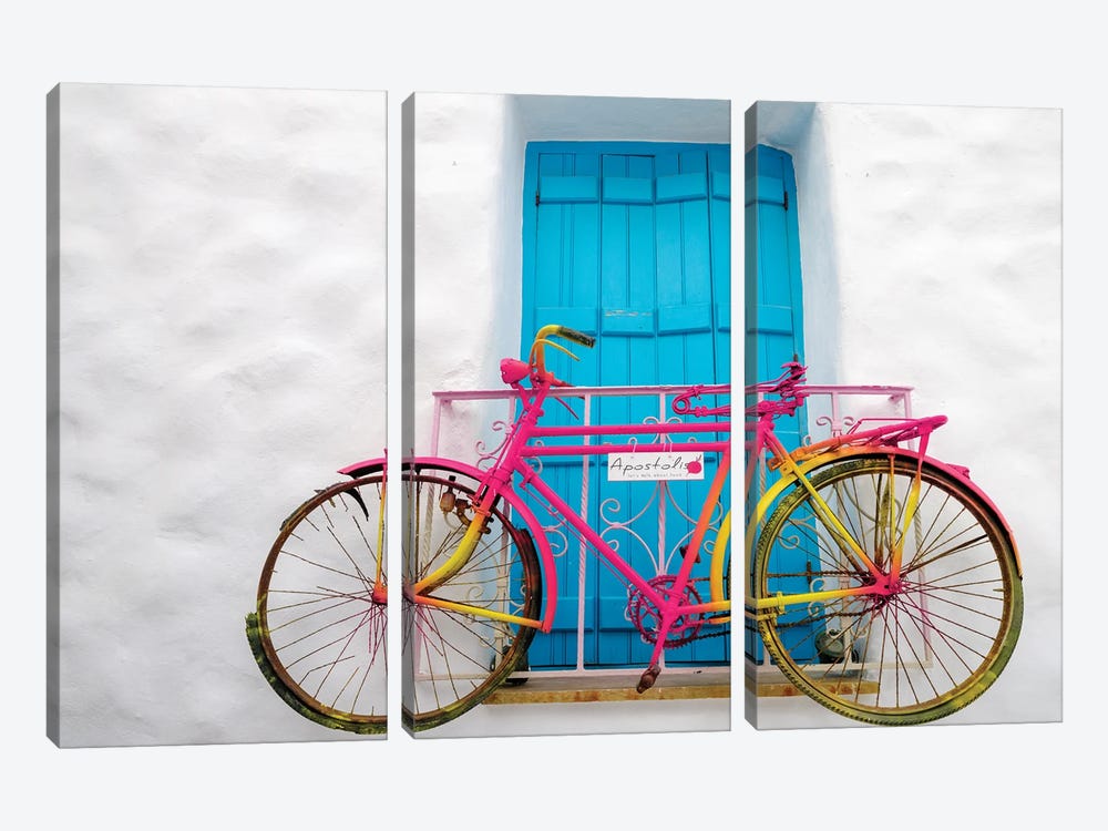 Colorful Bike On The Wall, Naxos Island, Greece by Susanne Kremer 3-piece Canvas Print