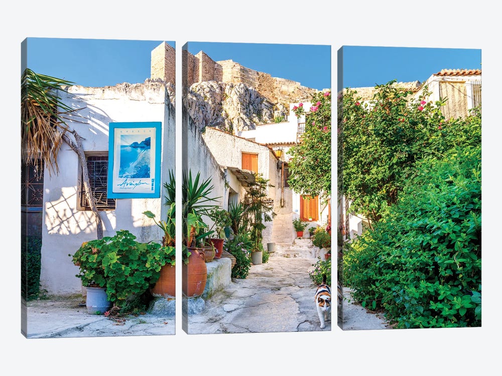 Cat In Picturesque Street Of Athens, Greece by Susanne Kremer 3-piece Canvas Art Print