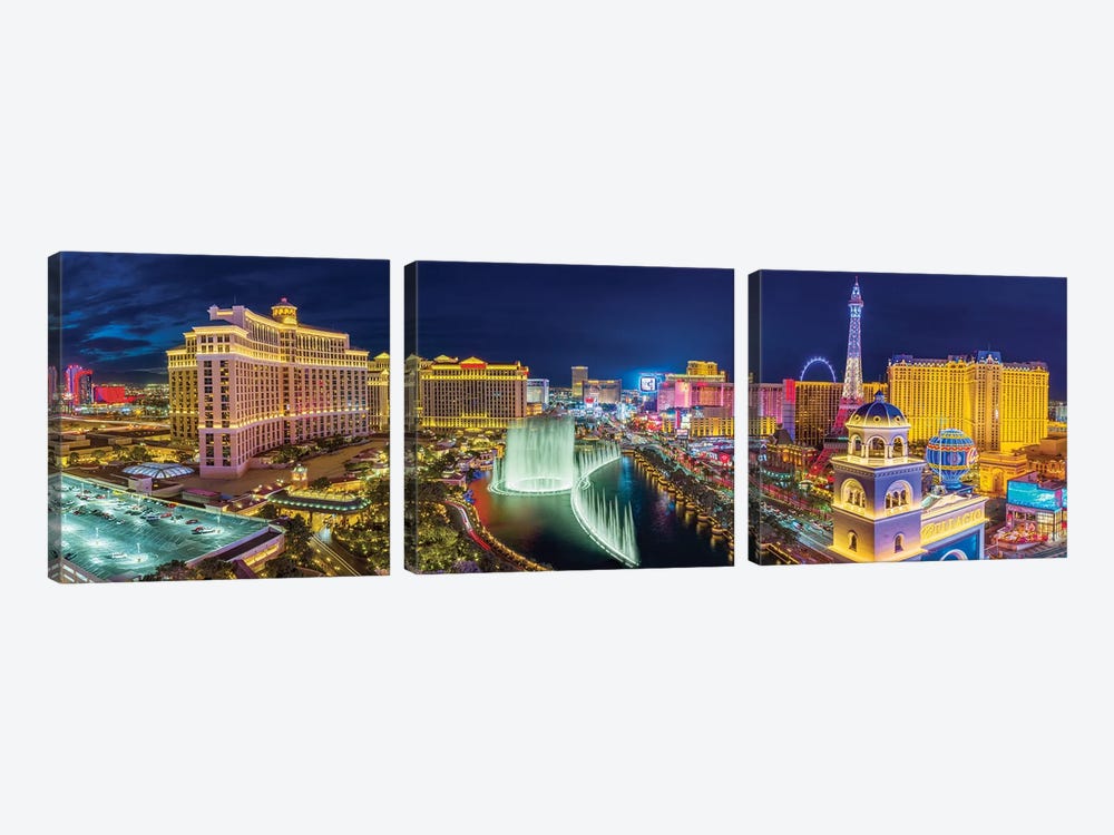 Las Vegas Fountain Panoramic View Las Vegas Nevada by Susanne Kremer 3-piece Canvas Art Print