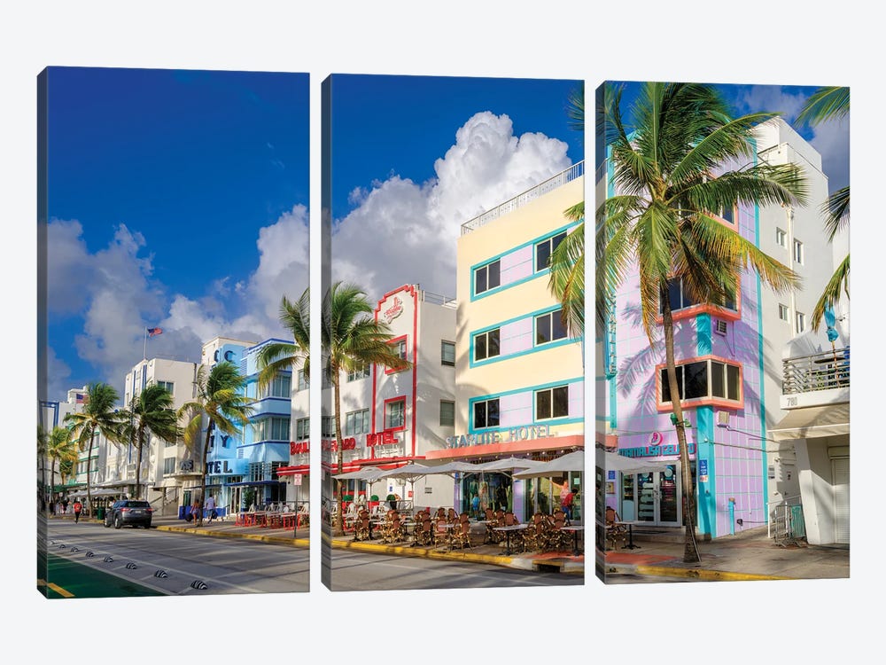 Ocean Drive Miami Beach Florida by Susanne Kremer 3-piece Canvas Artwork