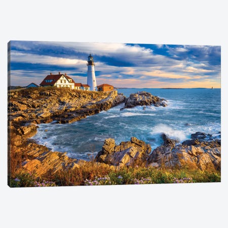 Lighthouse Cape Elizabeth Cloudy Sunrise, Maine New England Canvas Print #SKR854} by Susanne Kremer Canvas Art Print