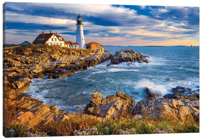 Lighthouse Cape Elizabeth Cloudy Sunrise, Maine New England Canvas Art Print - Beach Sunrise & Sunset Art