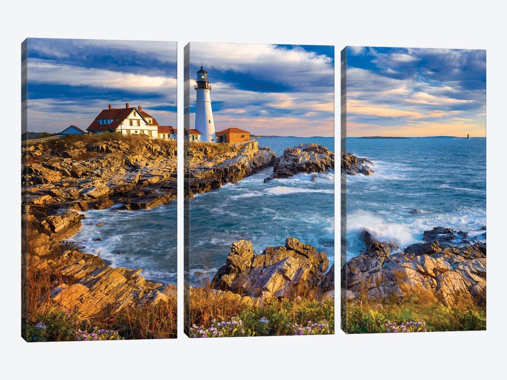 Lighthouse Cape Elizabeth Cloudy Sunrise, Maine New England by Susanne Kremer 3-piece Canvas Print