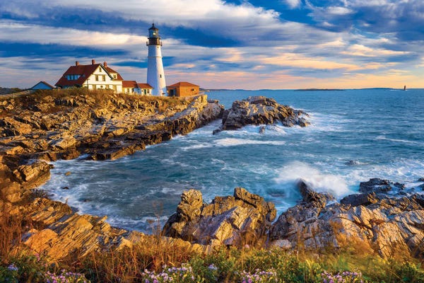 Rocky Beaches: Lighthouse Cape Elizabeth Cloudy Sunrise, Maine New England by Susanne Kremer
