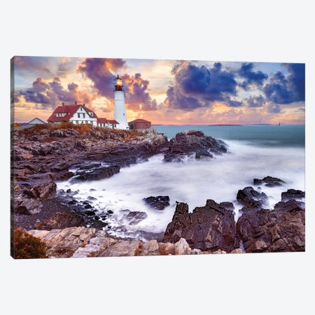 Stormy Sunset Lighthouse Cape Elizabeth,Maine New England Canvas Print #SKR855} by Susanne Kremer Canvas Print