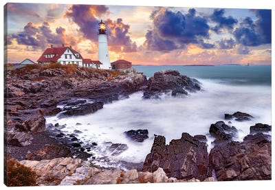 Stormy Sunset Lighthouse Cape Elizabeth,Maine New England Canvas Art Print - Rocky Beach Art