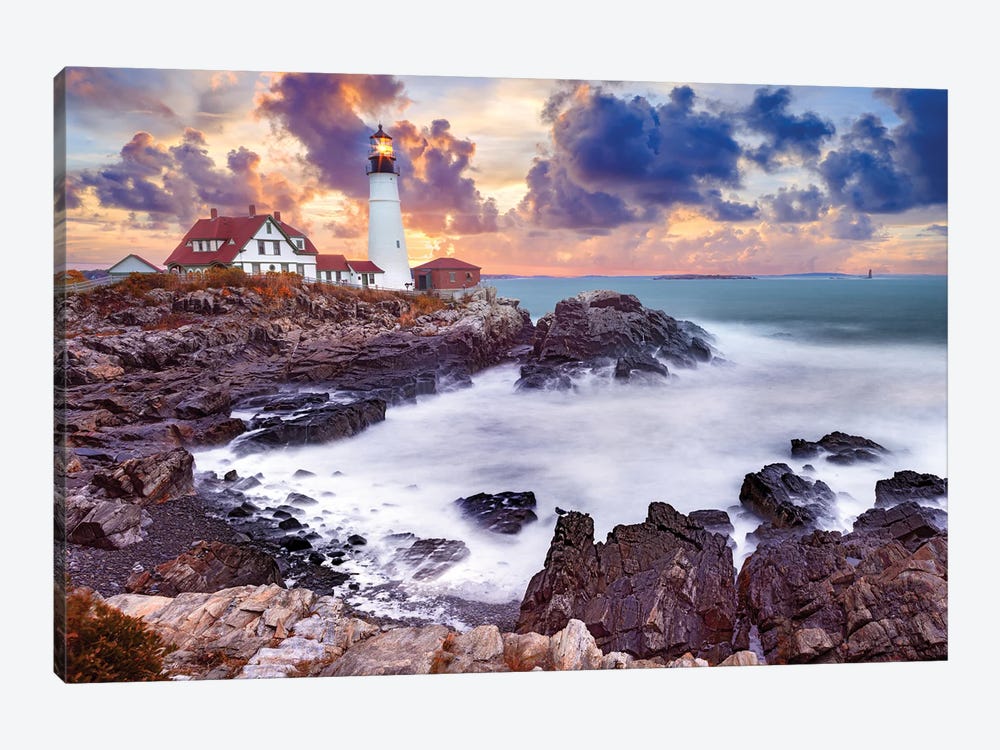 Stormy Sunset Lighthouse Cape Elizabeth,Maine New England by Susanne Kremer 1-piece Canvas Art