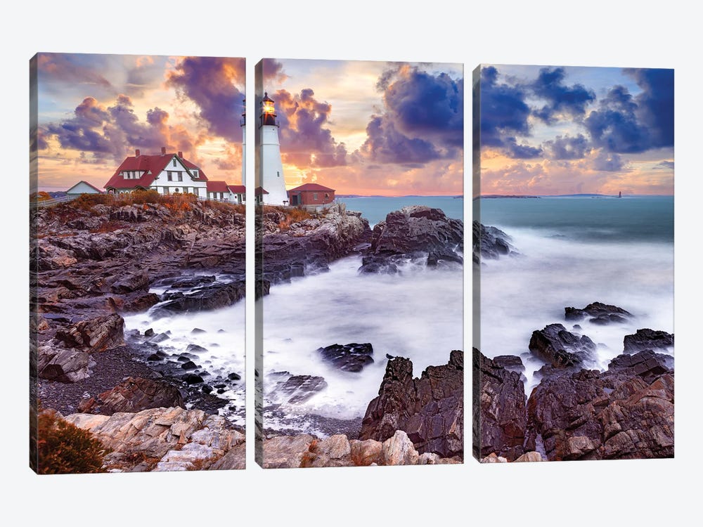 Stormy Sunset Lighthouse Cape Elizabeth,Maine New England by Susanne Kremer 3-piece Canvas Art