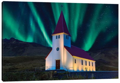 Aurora Boreallis with Church  Canvas Art Print - Iceland Art