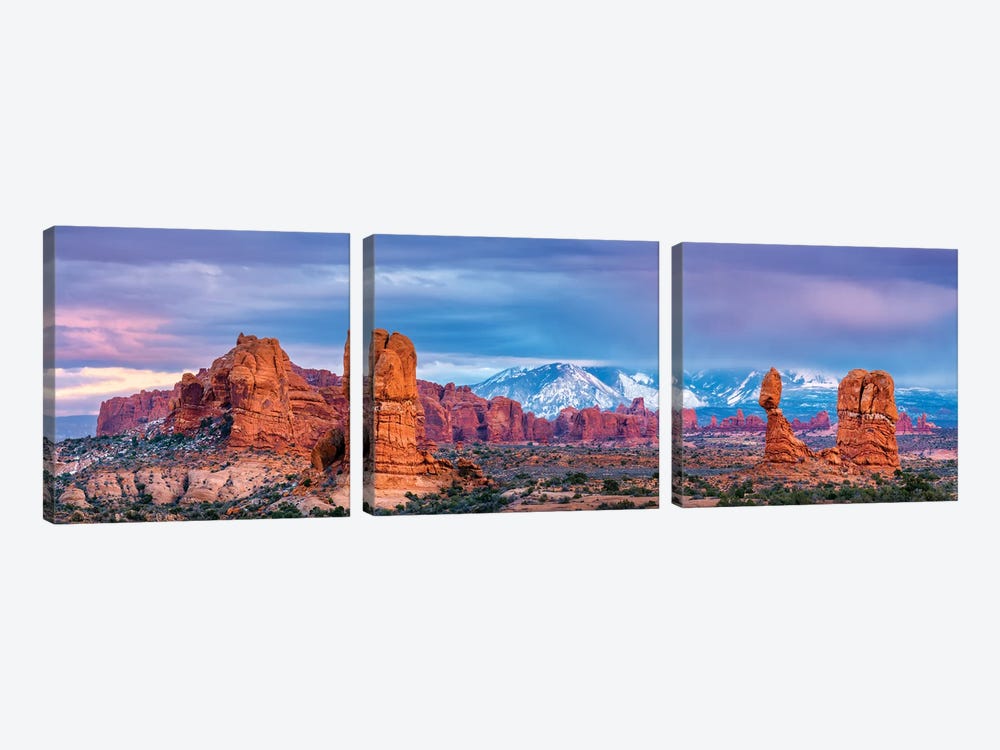 Balanced Rock and La Sal Mountains  by Susanne Kremer 3-piece Canvas Print