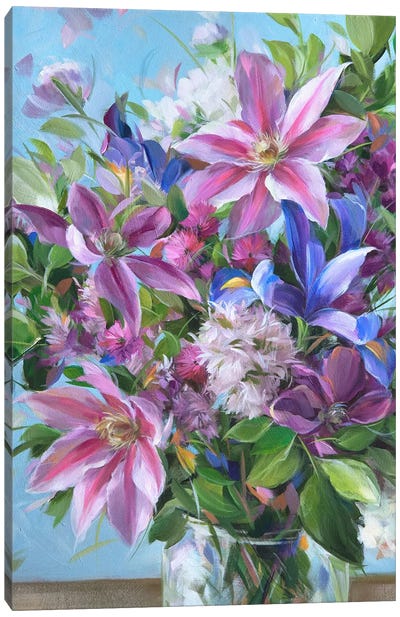 Clematis, Iris, Lilac Canvas Art Print - Lilac Art