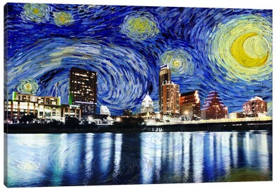 Austin, Texas Starry Night Skyline Canvas Art Print - Urban Art