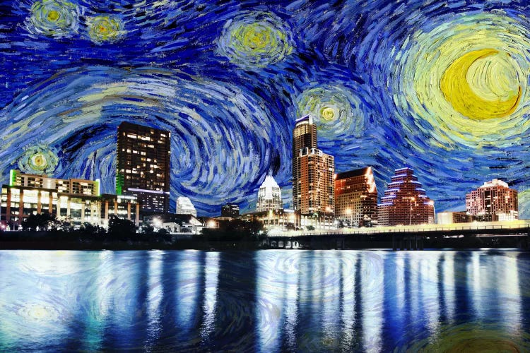 Austin, Texas Starry Night Skyline by 5by5collective wall art