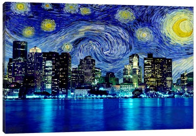 Boston, Massachusetts Starry Night Skyline Canvas Art Print - Starry Night Collection