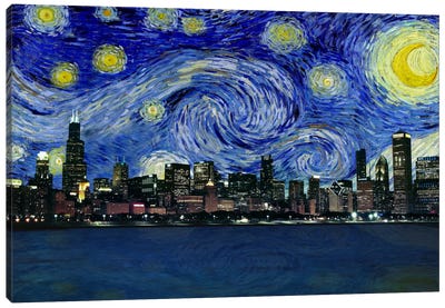 Chicago, Illinois Starry Night Skyline Canvas Art Print - Scenic & Landscape Art