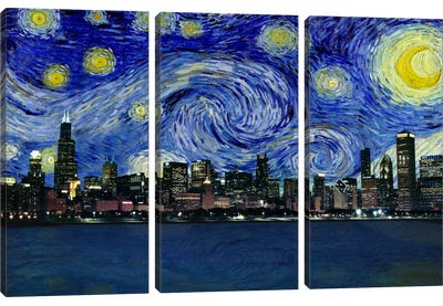 Chicago, Illinois Starry Night Skyline Canvas Art Print - 3-Piece Best Sellers