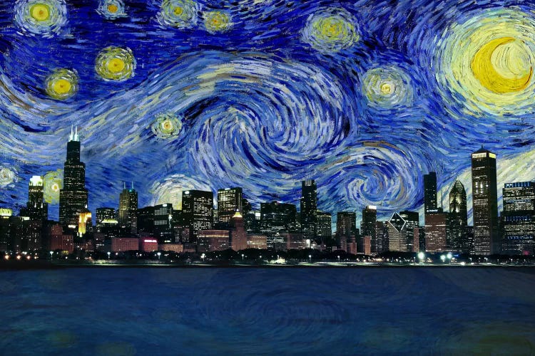 Chicago, Illinois Starry Night Skyline by 5by5collective wall art