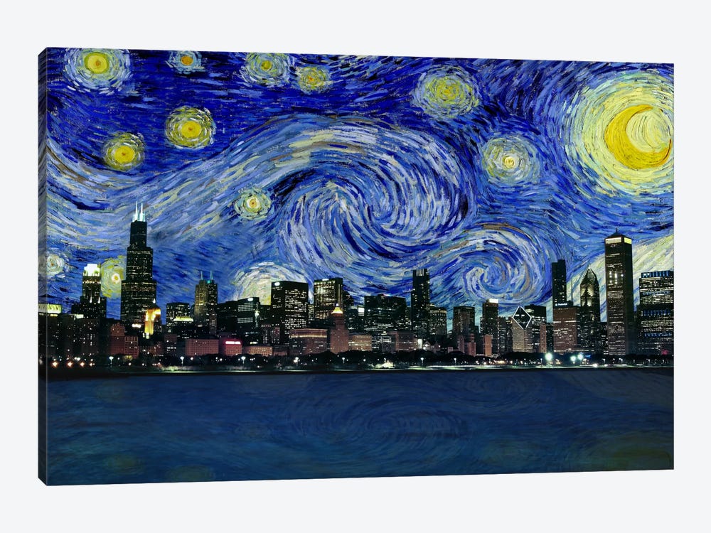 Chicago, Illinois Starry Night Skyline by 5by5collective 1-piece Canvas Wall Art