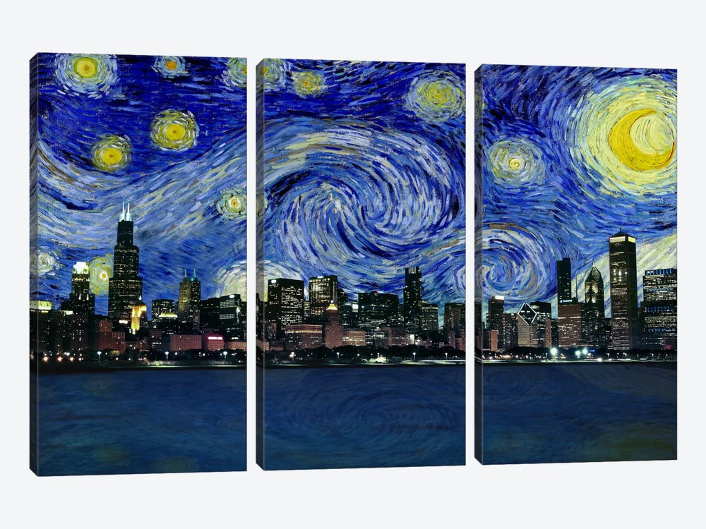 Chicago, Illinois Starry Night Skyline by 5by5collective 3-piece Canvas Artwork