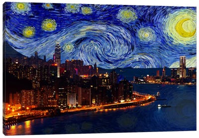 Hong Kong, China Starry Night Skyline Canvas Art Print - China Art