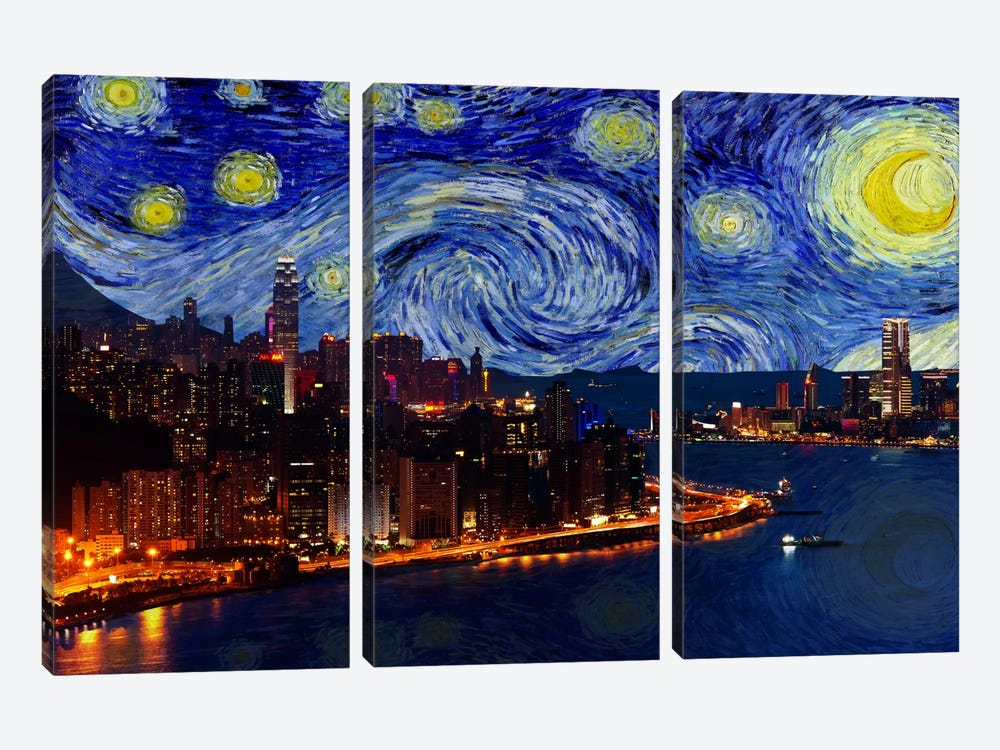 Hong Kong, China Starry Night Skyline by 5by5collective 3-piece Canvas Print